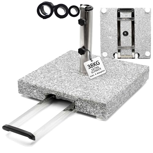 NATINDESIGN Granit Sonnenschirmständer mit Rollen & Teleskopgriff 38Kg inkl. Adapterhülsen | Passend für alle gängigen Sonnenschirme (? 2,7-5cm) | Schirmständer Sonnenschirm Eckig Fahrbar