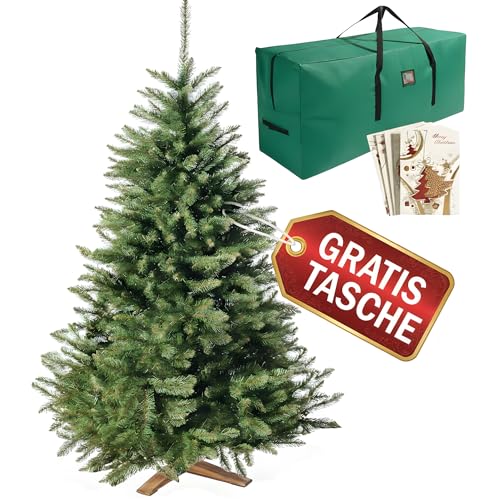 Wolkenland Künstlicher Weihnachtsbaum 180cm, in Premium Qualität - Mit Aufbewahrungstasche und Holzständer – Naturgetreu und mit dicht bestückten Zweigen – Künstliche Weihnachtsbäume