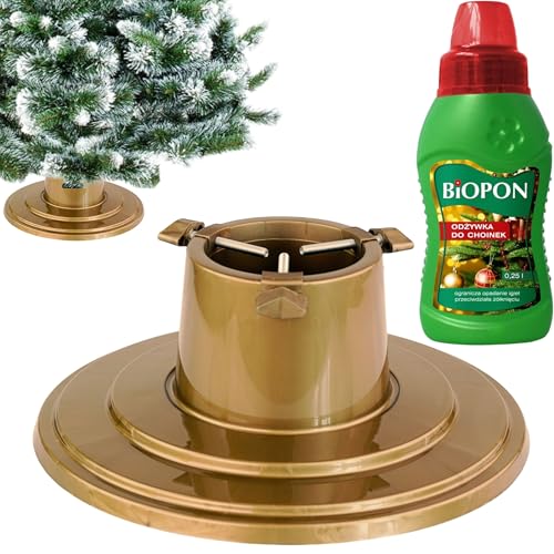 Weihnachtsbaumständer Ø 40 cm | Christbaumständer für Bäume bis Ø 10 cm - 2 m | Tannenbaumständer mit Baumdünger für stabile und langlebige Weihnachtsdeko, verlängert die Frische des Baumes | Gold