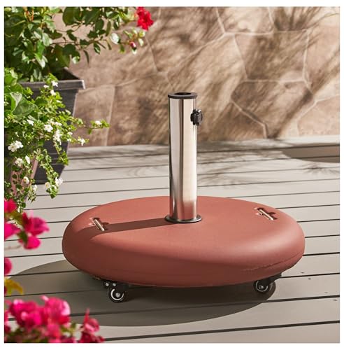 Robuster Schirmständer, rund, 55 cm, Beton mit Edelstahl-Halterung, tragbares Wheelie-Design für Außenbereich, Terrasse, Garten und Terrasse, Rot