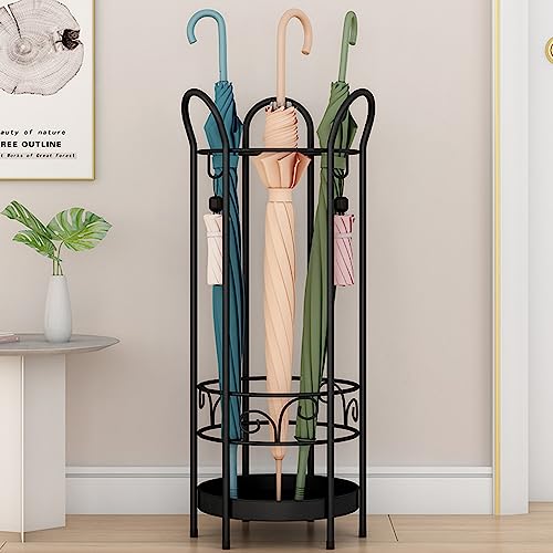mosegor Regenschirmständer aus Metall, Ø25 x H60 cm, Retro Schirmständer mit Wasserauffangschale und 3 Haken, Schirmhalter Runder für Heim, Büro, Studenten (Schwarz)