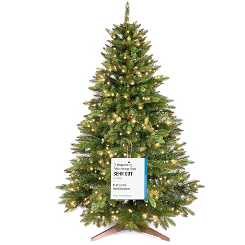 Premium Künstlicher Weihnachtsbaum mit Beleuchtung 180 cm – naturgetreuer Tannenbaum künstlich mit 440 warmweiß-goldenen LED, 8 Lichtmodi & Timer – Weihnachtsbaum LED mit Holzständer