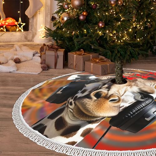 76,2 cm Weihnachtsbaumrock Giraffe Musik hören Weihnachtsbaum Rock Matte mit Quaste Rustikaler Baumrock für Urlaub Party Home Decor Baummatte Abdeckung