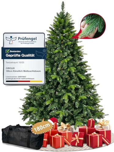 Premium Künstlicher Weihnachtsbaum 180cm, Naturgetreu Spritzguss Premium Tannenbaum, Dichte Zweige Christbaum Unecht mit Holzständer und Aufbewahrungstasche