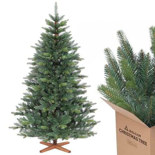 SALCAR 180cm Künstlicher Weihnachtsbaum Premium, Nordmanntanne mit Holzständer, Realistische PE+PVC Tannenbaum, Einfacher Aufbau für Ihre Weihnachtsdekoration