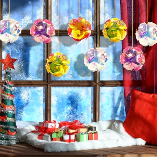 Schillernde holografische Rosenkugel-Ornamente, 12-teiliges Set, 4 Farben, für Weihnachten, Halloween, Hochzeiten, Partys, hängende Dekorationen für Weihnachtsbäume, Decken und Fenster