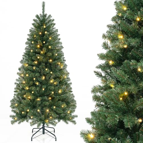 COSTWAY 180 cm Künstlicher Weihnachtsbaum mit Beleuchtung, Tannenbaum mit 200 warmweißen LED-Lichtern, 8 Beleuchtungsmodi & 568 PVC Zweigspitzen, Christbaum, Kunstbaum Weihnachten