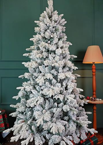 Asinse 180cm Künstlicher Weihnachtsbaum Weiß Schneeflocken Tannenbaum für Weihnachten-Dekoration, aus 780 PE und PVC Zweigspitzen, 49 Zapfen, Kunstbaum Weihnachten für Zuhause, Büro