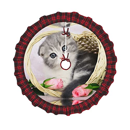 Niedliche Katze im Korb mit Rose bedruckter Weihnachtsbaumrock mit kariertem Rand, Baumbodenabdeckung für Weihnachtsbaum, Weihnachtsdekoration, 121,9 cm