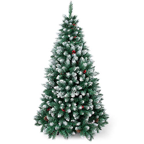 Sunjas Weihnachtsbaum künstlich, 120/150/180/210 cm Tannenbaum mit Schnee-Effekt, mit Tannenzapfen und rote Beere Deko, beschneiten Spitzen und Kunsttanne, inkl. Metallständer (150cm)