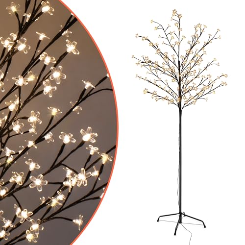 Spetebo Kirschblüten Baum für Außen mit 180 LED Blüten - H 180 cm - Sakura Lichterbaum warm weiß beleuchtet mit IP44 Netzstecker - Garten Deko Weihnachtsbeleuchtung Japanischer Blütenbaum