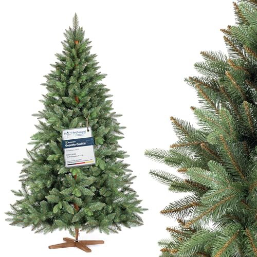 FAIRYTREES Weihnachtsbaum künstlich, Nordmanntanne Premium 180 cm, Naturgetreue Spritzguss Elemente, Künstlicher Weihnachtsbaum mit handgefertigtem Ständer aus Eschenholz