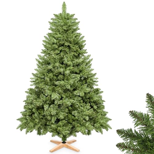 Premium Weihnachtsbaum künstlich 180cm - mit Holzständer, Nordmanntanne, Künstlicher Tannenbaum, Naturgetreu, dichte Zweige (grün mit LED, 180cm)