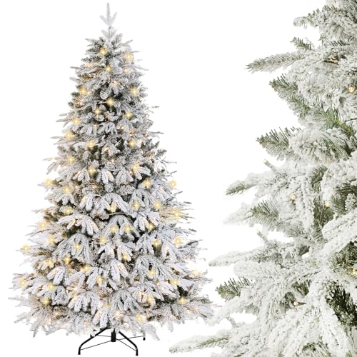 DEWUR Weihnachtsbaum künstlich mit Beleuchtung und Schnee, Metallständer (180 cm)