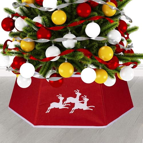 WedDecor Roter faltbarer Weihnachtsbaumrock mit Rentiermuster | Sackleinen mit Rentier Sechseckiger Weihnachtsbaumkragen Weihnachtsbaumsockel Abdeckung Weihnachtsdekorationen für Baumständer und Körbe