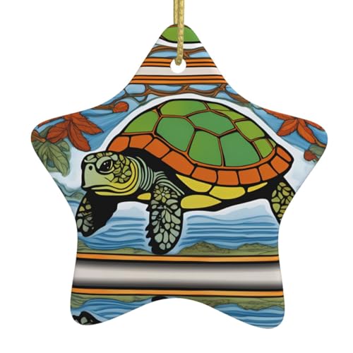 YYHWHJDE Hawaiianische Tapa-Honu-Schildkröte druckt Weihnachts-Keramikstern-A nhänger: geeignet für Weihnachtsdekoration in Einkaufszentren, Häusern