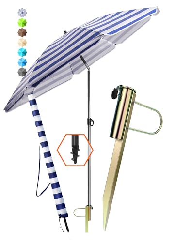 Menz Sonnenschirm Strand Ø 180 cm in Blau-Weiß, 3-IN-1 Set - UPF 50+ Strandschirm windfest stabil + Schirmhülle + Rasendorn Sonnenschirmhalter - Sonnenschirm mit Rasendorn für Garten, Schirmspieß