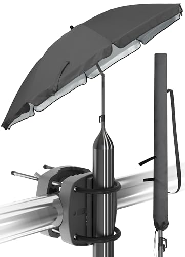 Menz Sonnenschirm Balkon als Sonnenschutz Balkon 3-IN-1 SET - UPF 50+ Sonnenschirm 180 cm in Anthrazit + Sonnenschirmhalter Balkongeländer + Sonnenschirmhülle