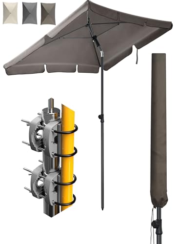 Menz Sonnenschirm Balkon 4-teiliges Komplettset, Taupe - UPF 50+ Sonnenschirm rechteckig 200 x 125 cm + 2 Stück Sonnenschirmhalter Balkongeländer + Sonnenschirmhülle, Sonnenschutz Balkon