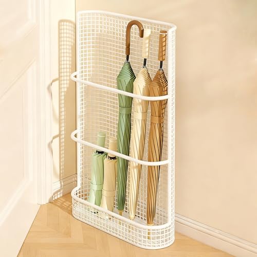 Moderner Schirmständer aus Metall für den Innenbereich, mit Abtropfschale, stilvoller Schirmhalter für Eingangsbereich, Hotel, Büro, Dekor (weiß, 46 x 30 x 10 cm)