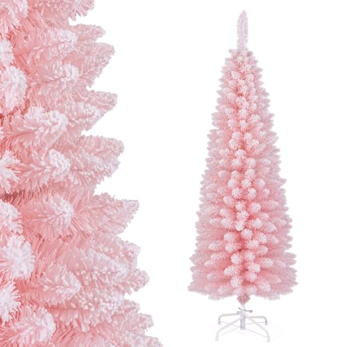 GIANTEX Weihnachtsbaum künstlich 150/180 cm, Bleistift Weihnachtsbaum, Tannenbaum Christbaum mit klappbarem Metallständer, Kunstbaum PVC Nadeln Rosa mit Schnee, Dekobaum Weihnachten (150 cm) (150 cm)