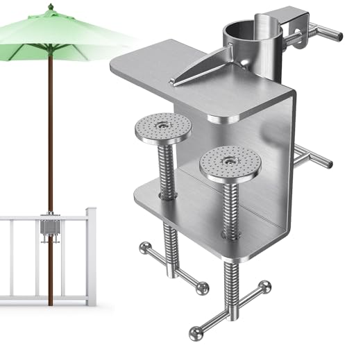 BeneLabel Sonnenschirmhalter Balkongeländer, Terrassenschirm Klemmenhalterung Verstellbar Ampelschirm Zaunbefestigung Platzsparend Ständer für Max 5.5cm Stangen, Bis 10cm Deckgeländer, Doppelklemme