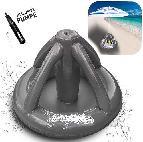 Airboom - aufblasbarer Schirmständer für Strandschirme inkl. Pumpe Getränkekühler Sonnenschirmhalter Strand Camping Sonnenschutz (grau)