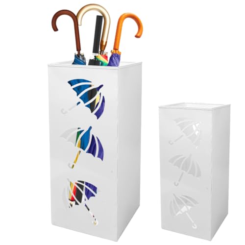 Yuragim Regenschirmständer aus Metall, Quadratischer Schirmständer Regenschirm, Schirmhalter mit Wasserauffangschale, Regenschirm-Motiv Regenschirmhalter für Heim- und Bürodekoration 16x16x42cm (Weiß)