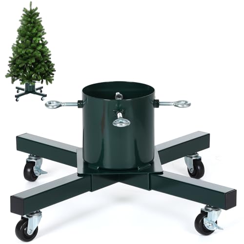 Simgoing Weihnachtsbaumständer für lebende Bäume, echter Weihnachtsbaumhalter, Standfuß mit Rädern, beweglich, verstellbar bis zu 2,4 m, hält 1,2 l Wasserspeicher, grüne Stahllegierung