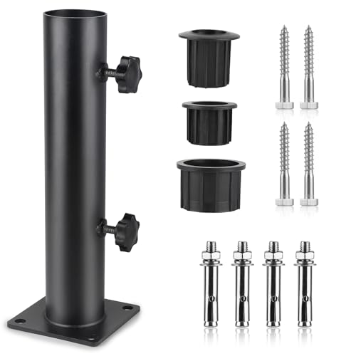 EFUTURETIME Standrohr Sonnenschirm Ständer Halterung Verstellbarer mit 3 PVC Reduzierring(32/38/48mm), Sonnenschirmhalter Boden Hülse Sonnenschirm Einbetonieren mit 8 Stahlnägel, Schwarz