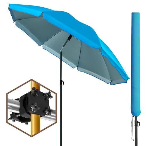 Menz Sonnenschirm Balkon Blau + Sonnenschirmhalter Balkongeländer + Sonnenschirmhülle, 3-IN-1 SET - Sonnenschirm Strand UPF 50+, Gartenschirm Ø 180 cm, höhenverstellbarer Balkon Schirm
