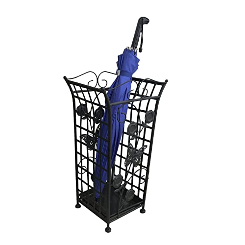 KWMAEEUID Vintage-Schirmständer, 52 cm hoch, schwarzer Metallgeflechtkorb, Gehstock-/Gehstockstände r, Dekoration für den Innenbereich, mit Abnehmbarer Wasserschale