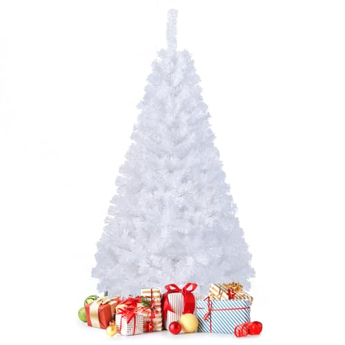 GOPLUS 150/180/210/240cm Weihnachtsbaum Weiß, Festliche Weihnachtdekoration für Zuhause, Weißer Tanne Christbaum mit Metallständer, Weihnachtdeko Drinnen(Schneeweiß, 150 cm)