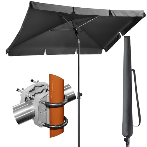 Menz Sonnenschirm Balkon - 3-IN-1 Sonnenschutz Balkon SET in Anthrazit, UPF 50+ Sonnenschirm rechteckig 200 x 125cm + Sonnenschirmhalter Balkongeländer + Sonnenschirmhülle