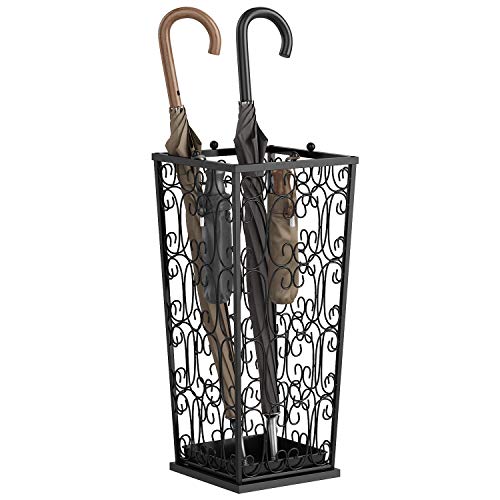 AcornFort U-02 Großer schwarzer Metallständer für Regenschirmständer, Gehstock Heimbüro Flur Aufbewahrung mit 4 Haken Oben und Einer unteren Regenwasser-undichten Ablage 56 x 25 x 25 cm