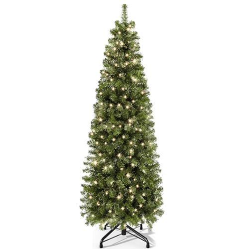 YITAHOME 180cm Künstlicher Weihnachtsbaum Schmal mit 200 LED Beleuchtung, ca. 700 Spitzen, Naturgetreu Tannenbaum mit Klappsystem & Metallständer, Schnellaufbau für Zuhause Geschäfte, 182 x ?65cm
