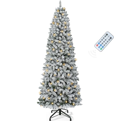 YITAHOME 180cm künstlicher Weihnachtsbaum Schmal Schneebedeckter mit Fernbedienung – vorgeleuchteter Baum mit warmweißer/mehrfarbiger 300 LED-Farbwechselbeleuchtun g, ca. 700 Spitzen