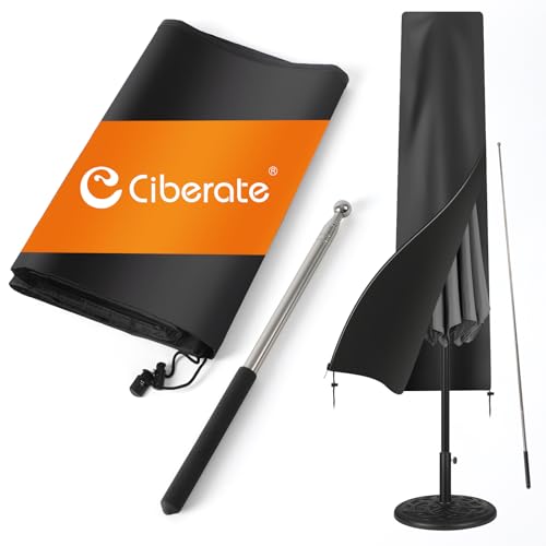 Ciberate Sonnenschirm Schutzhülle, wasserdicht 420D-Oxford-Stoff Sonnenschirmhülle mit Stab, Winddicht Abdeckhauben für Sonnenschirm, schwarz (265cm x 48/70cm)
