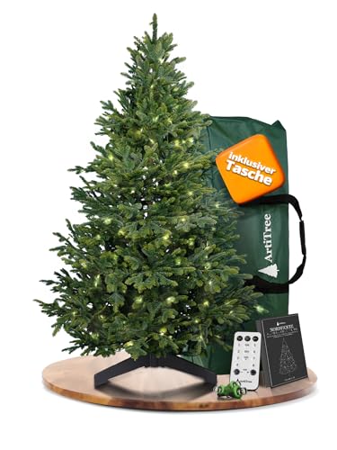 ArtiTree Künstlicher Weihnachtsbaum 180?cm – 100?% Spritzguss Nordfichte mit LED | Premium Tannenbaum naturgetreu inkl. FSC-Holzständer & Aufbewahrungstasche