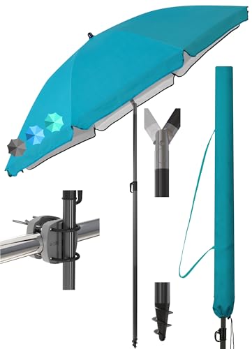 Menz Sonnenschirm Balkon Ø 200 cm in Türkis, 3-IN-1 Set - UPF 50+ Balkon Schirm + Sonnenschirmhalter Balkongeländer + Sonnenschirm Schutzhülle, Zuverlässiger Sonnenschutz Balkon