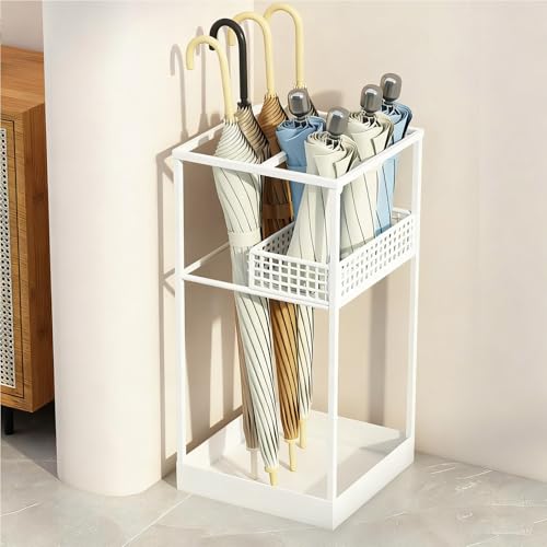 Regenschirmständer aus Metall mit großer Kapazität, doppellagig, 2-stöckig, kommerzieller Regenschirmhalter für Eingänge, ideal für Zuhause, Hotels, Schulen – stilvolles weißes Design