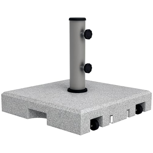 Outsunny Sonnenschirmständer aus Granit 28kg Sonnenschirmfuß mit Zwei Drehknöpfen am Standfuß für Mastdurchmesser Ø 32/38/48 mm, Schirmständer mit Rollen für Garten, Balkon, Granit, Grau