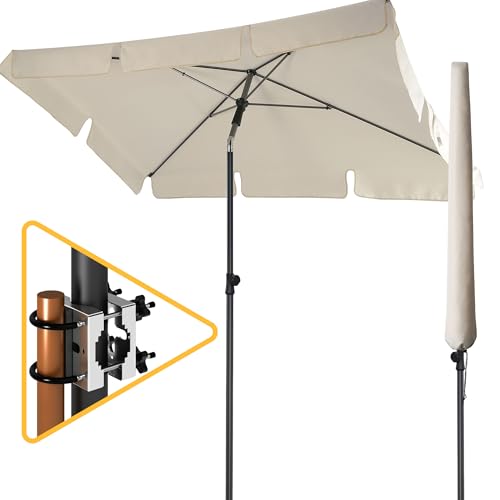 Menz Sonnenschirm Balkon als Sonnenschutz Balkon 3-IN-1 SET - UPF 50+ Sonnenschirm rechteckig 200 x 125 cm in Beige + Sonnenschirmhalter Balkongeländer + Sonnenschirmhülle