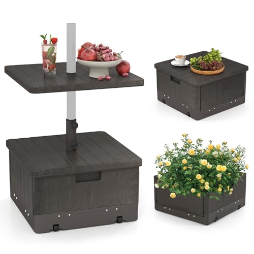 RELAX4LIFE Sonnenschirmständer mit Rollen, 3-in-1 Beistelltisch & Pflanzgefäß & Schirmständer, mit Tischablage, Griffe, Gewichtstasche, für Schirmstangen von 38/48 mm, Bepflanzbar, Befüllbar (Braun)