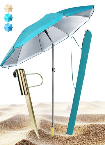 Menz Sonnenschirm Strand im 3er-Set, Türkis - Strandschirm windfest stabil Ø 180 cm + Rasendorn Sonnenschirmhalter + Sonnenschirmhülle, UV 80+ Sonnenschirm mit Rasendorn, Schirmspieß für Garten
