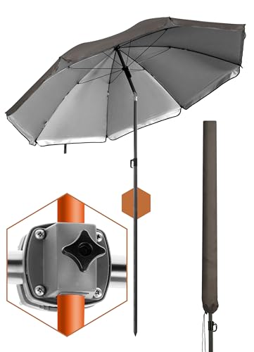 Menz Premium SET Sonnenschirm Balkon + Sonnenschirmhalter Balkongeländer + Sonnenschirmhülle - UV 50+ Balkonschirm mit Halterung, Ø 180 cm Sonnenschirm - Taupe