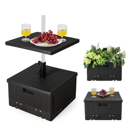RELAX4LIFE Sonnenschirmständer mit Rollen, 3-in-1 Beistelltisch & Pflanzgefäß & Schirmständer, mit Tischablage, Griffe & Gewichtstasche, für Schirmstangen von 38/48 mm, Bepflanzbar & Befüllbar