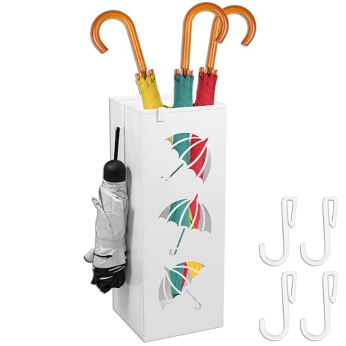 BUTORY Regenschirmständer Metall Schirmständer Quadratisch Schirmhalter Universal mit 4 Haken und 4 Anti-Rutsch-Füße Schirmständer 42 x 16 x 16cm für Gehstöcke & Regenschirme Skistöcken (Weiß+Haken)