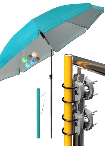 4smile Sonnenschirm Balkon SunnyJoy im 4er-Set - UPF 50+ Balkon Schirm + 2 x Sonnenschirmhalter Balkongeländer SunnyEasy + Sonnenschirmhülle - Sonnenschirm Strand 180 cm in Türkis
