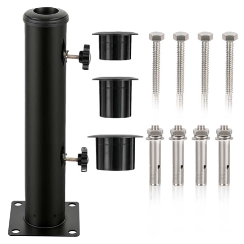 Marsred Sonnenschirm Ständer Halterung,Verstellbarer Edelstahl Schirmständer mit 3 PVC Reduzierring(32/39/49mm), Sonnenschirmfuß, Sonnensegel Halterung für Holzboden Zementboden, Balkon (schwarz)